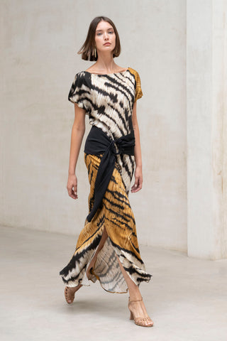 VESTIDO CUELLO BARCO BIES ESTAMPADO OJO DE TIGRE