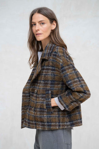 ABRIGO AREZZO CORTO SOLAPAS CUADROS MOSTAZA